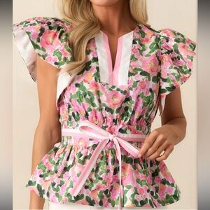 Floral Pink and Green Peplum Top Ruffle Sleeves